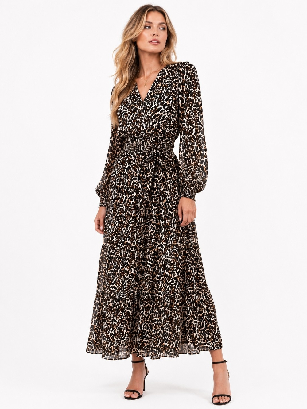 ZARA Woman Leopard Print Smocked Waist Maxi Dress Size M